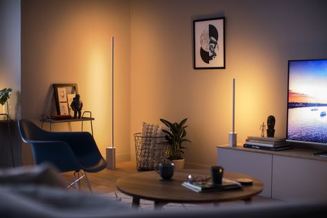 Indirect light from mounted led-strip. Could also be ceiling-mounted Indirect Lighting Living Room, Mysterious Interior, Bts House, Phillips Hue Lighting, Smart Home Ideas, Phillips Hue, Philips Hue Lights, Interior Ceiling, Hue Lights