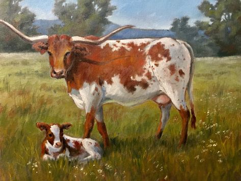 Long Horn Paintings, Biology Painting, Longhorn Painting, Cattle Pictures, Longhorn Art, Cow Paintings On Canvas, Camera Painting, Cow Paintings, Herding Cattle