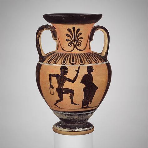 Terracotta neck-amphora (jar) | Greek, South Italian, Campanian | Classical | The Met Standing Woman, Ancient Greek Pottery, Greek Pottery, Black Figure, Ancient Pottery, Roman Art, Greek Art, Ancient Cultures, Ancient Greece