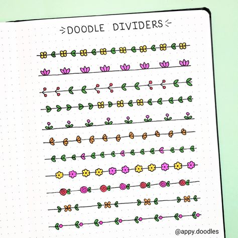 Floral doodle borders / dividers perfect for your spring themed bullet journal spreads. Follow @appy.doodles on Instagram for bullet journal doodles and easy step by step doodle tutorials :) #bulletjournaldoodles #doodleborders #doodledividers #appydoodles Bullet Journal Doodles Ideas, Doodle Dividers, Plant Doodles, Bullet Journal Weekly Layout, Doodles Ideas, Doodle Art For Beginners, Bullet Journal Key, Doodle Borders, Bond Paper Design