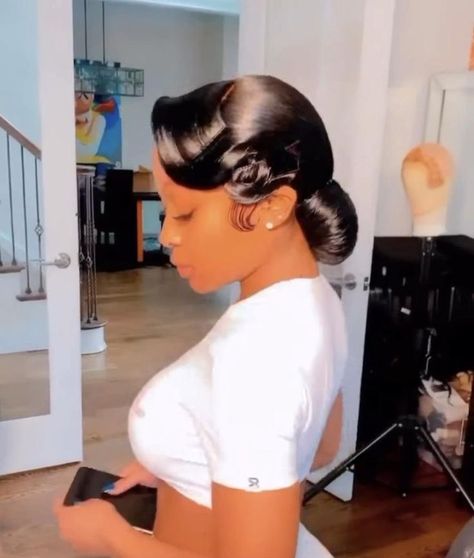 Jayda Wayda Low Bun, Frontal Hairstyles For Bride, Ballroom Hairstyles For Black Women, Black Wedding Ponytail Hairstyles, Wedding Hairstyles Pinup, Jayda Wayda Bun Hairstyles, Bridesmaid Wig Hairstyles, Wig Low Bun Hairstyles Black Women, Low Bun Hairstyles For Black Women Prom