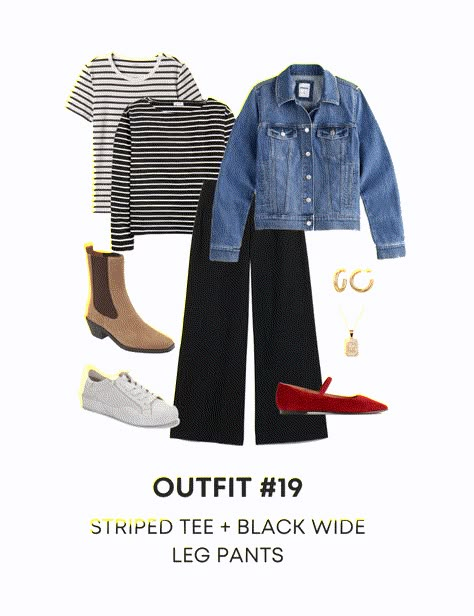 white and black striped tee + black and white striped top + black wide leg pants + denim jacket + white sneakers + tan boots + red flats + gold jewelry Linen Pants Tennis Shoes, Black Travel Pants Outfit, Semi Formal Black Pants Outfit For Women, Black And White Stripe Top Outfit, Dressy Wide Leg Pants Outfit, How To Style Black Wide Leg Pants, Black And White Top Outfit, Wide Leg Black Pants Outfit Casual, Wide Leg Pants With Sneakers