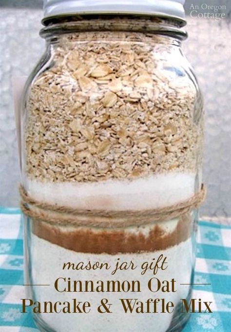 Give an easy gift in a jar of cinnamon oat pancake-waffle mix with syrup - and plan to keep some yourself because this is so good! Jar Food Gifts, Mason Jar Gifts Recipes, Mason Jar Mixes, Pancake And Waffle, Gift In A Jar, Homemade Dry Mixes, Diy Food Gifts, Oat Pancakes, Mason Jar Meals