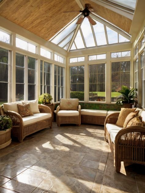 10 Sunroom Floor Ideas: Affordable and Eco-Friendly Options - Homezillo 3 Season Room Ideas, Sunroom Lighting Ideas, Indoor Sunroom Furniture Ideas, Indoor Sunroom Furniture, Sunroom Layout, Sunroom Floor, Ottoman Coffee Table Decor, 4 Season Sunroom Ideas, Cozy Sunroom Ideas