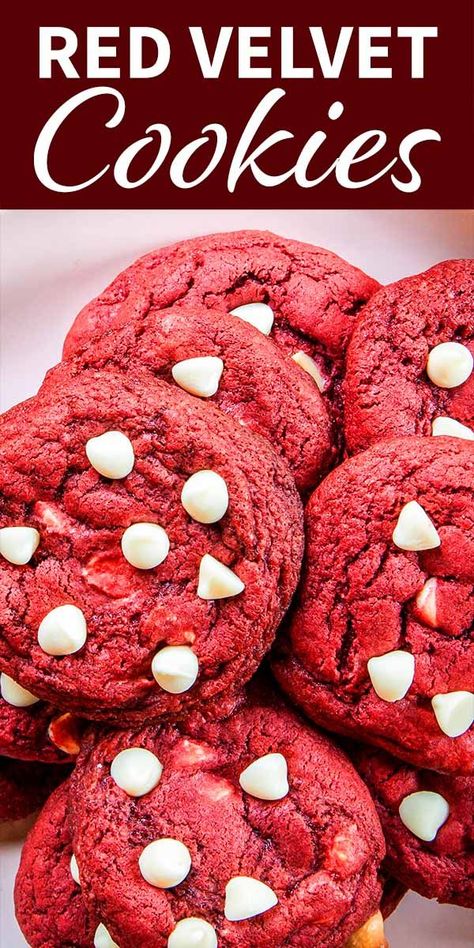 Red Velvet Cookies! Red velvet cake in cookie form—that's what you've got here with these Red Velvet Cookies! Cream cheese and white chocolate chips lend tanginess and sweetness to every bite. #redvelvet #cookies #simplyrecipes #baking Red Velvet Cookies Cream Cheese, Trio Sleepover, Redvelvet Cookies, Cookie Wallpaper, Red Velvet Cake Mix Cookies, Cookies Cream Cheese, Cookies With White Chocolate Chips, Red Velvet Cookie Recipe, Valentine Food