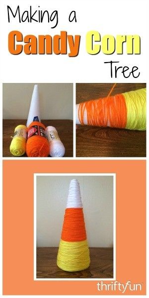 This is a guide about making a candy corn tree. A Styrofoam or paper cone can become a fun Halloween decoration with the addition of candy corn colored yarn. Halloween Yarn, Candy Corn Crafts, Candy Corn Decorations, Cute Halloween Decorations, Fall Pumpkin Crafts, Fall Candy, October Crafts, Cones Crafts, Fun Halloween Decor