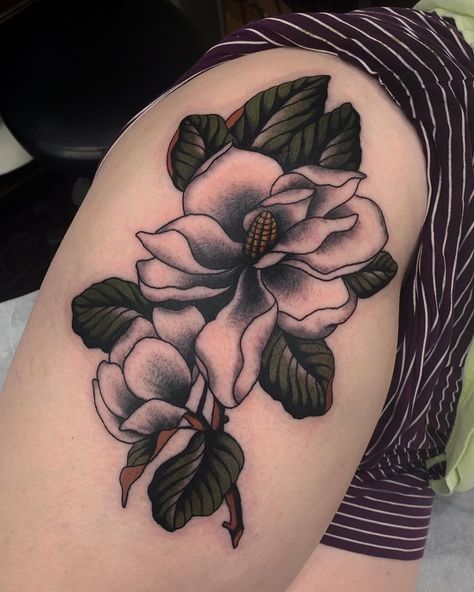 Kady Wilie on Instagram: “Thanks Catherine! You’re tough as nails. . . . . . . . . #mainstay #tattoo #ladytattoo #magnoliatattoo #traditionalmagnolia #magnolia…” Magnolia Flower Tattoo Color, Magnolia Tattoo Traditional, American Traditional Magnolia Tattoo, Magnolia Tattoo, Southern Magnolia, Tattoo Color, Awesome Tattoos, Tough As Nails, American Traditional