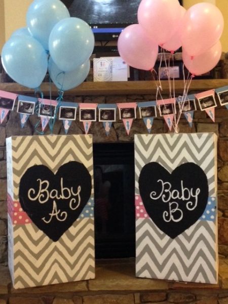 Twin Gender Reveal Ideas For Party, Twin Reveal, Gender Reveal Box, Gender Reveal Party Ideas, Reveal Party Ideas, Twin Gender Reveal, Boy Box, Gender Announcements, Gender Reveal Themes