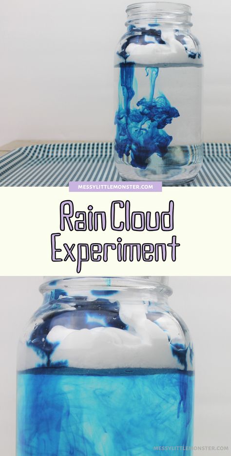 Shaving cream rain clouds cloud in a jar science experiment for kids. Easy weather science experiments. Rain Jar Experiment, Cloud Experiments, Weather Experiments, Cloud In A Jar, Rain Crafts, Water Science Experiments, Weather Science, Cloud Craft, Christmas Science