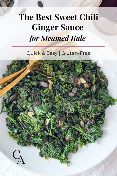 Need a quick, healthy side dish for dinner? This steamed kale recipe with homemade sweet chili-ginger sauce has converted many people to the kale-fan club over the years. Full of flavor, gluten-free, and easy, this simple side dish only takes 10-minutes. It’s perfect for busy weeknight dinners or holidays. Save this recipe and let me know how you like it. 🍲🌶️ Steamed Kale Recipes, Kale Dishes, Steamed Kale, Holiday Meal Prep, Soy Sauce Alternative, Kale Recipe, Steamed Carrots, Gluten Free Sides, Ginger Sauce