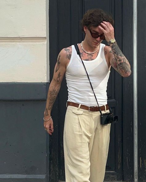 white tank top | mens fashion style inspo | beige pants (via tattsandgarn|IG) Beige Pants Outfit, Beige Pants Men, Mens Fashion Style, Pants Outfit Men, Tank Outfit, Beige Pants, Fashion White, Men Fits, White Pants