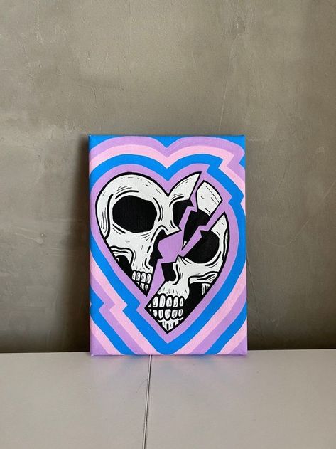 Colorful Skull Painting, Drawing Ideas Easy Trippy, Diy Goth Painting, Goth Painting Ideas On Canvas, Heart Painting Ideas, Cool Painting Ideas On Canvas, Skull Canvas Painting, Edgy Paintings, Skull Painting Ideas