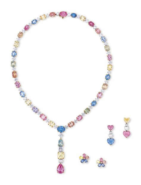 A SUITE OF MULTI-COLOURED SAPPHIRE AND DIAMOND JEWELLERY, BY BULGARI | Christie's Color Stones Jewelry, Fine Pearl Jewelry, Fancy Sapphire, Bvlgari Jewelry, The Bling Ring, Jewellery Sketches, Multi Sapphire, Silver Jewelry Design, Indian Wedding Jewelry