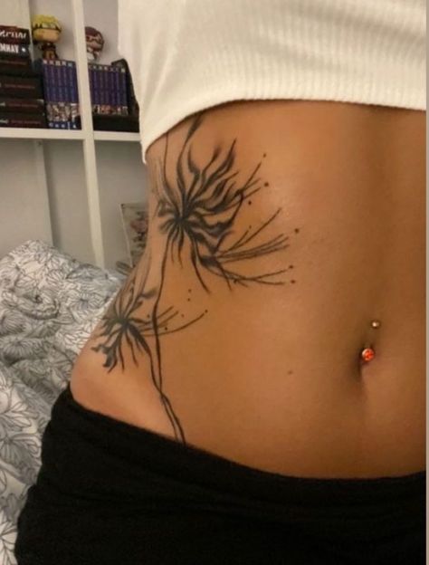 Stomach Tattoo Black Women, Belly Scars Cover Up Tattoo, Fine Line Stomach Tattoo, Flower Stomach Tattoos, Melancholy Tattoo, Color Tattoos On Dark Skin, Flower Tattoo Placement, Side Body Tattoos, Tattoos On Dark Skin