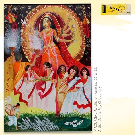 This painting by “Amita Roy Choudhury” titled as “Madurga” shows the joy of Durga Puja among the people. The festival epitomises the victory of good over evil, though it is also in part a harvest festival celebrating the goddess as the motherly power behind all of life & creation.  Submit your artwork by 4th January, 2020 :   #Jumbish #PaintYourWayToFame #JumbishCreations #Artist #Painting #Art #ArtWork Durga Puja Drawing Competition, Durga Puja Painting, Durga Puja Drawing, Bengal Art, Scenery Drawing For Kids, Memory Drawing, Durga Ma, Ma Durga, Profile Picture Images