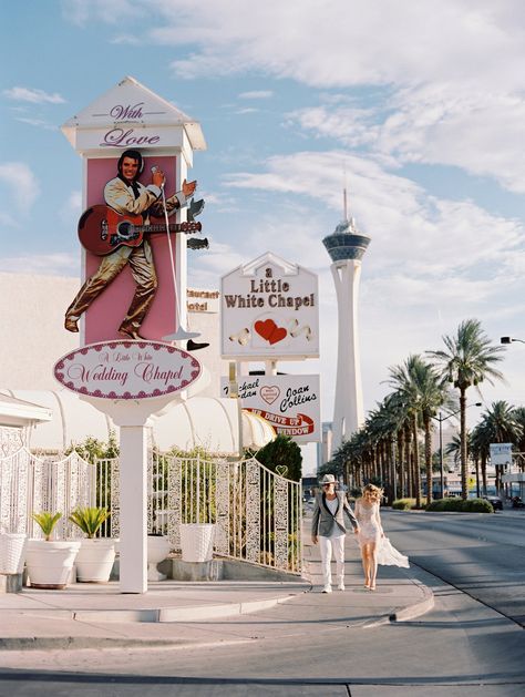 The Iconic Appeal of Las Vegas's Wedding Chapels | Condé Nast Traveler Rock Star Wedding Dress, Las Vegas Elvis Wedding Chapel, Little White Wedding Chapel Las Vegas, Elvis Wedding Vegas, Chapel Aesthetic, Vegas Marriage, Vegas Wedding Aesthetic, Vintage Vegas Wedding, Vegas Chapel Wedding