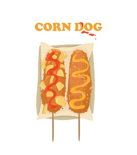 Corn dog vector illustration. Corn dogs with ketchup and mustard. Dog Vector Illustration, Ketchup And Mustard, Corn Dog, Food Painting, Dog Vector, Carnival Themes, Dog Poster, Corn Dogs, Cute Kawaii Drawings