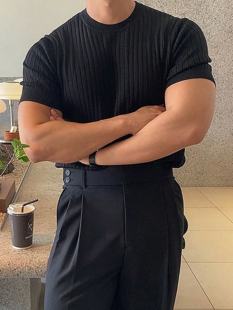 Black Casual Collar Short Sleeve Fabric Plain  Embellished Slight Stretch  Men Clothing Men Clothing Styles, Black Coquette, Cool Outfits For Men, Birthday Dinner, Men's Clothes, Clothing Styles, Work Outfits, Men Clothing, Black Casual