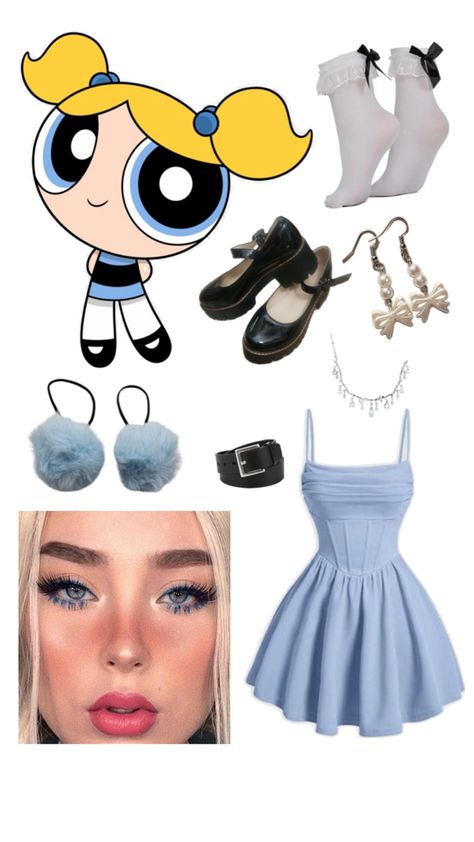 Powerpuff Cosplay, Bubbles Costume, Power Puff Costume, Powerpuff Bubbles, Bubble Costume, Bubble Clothes, Trio Halloween Costumes, Duo Halloween Costumes, Holiday Party Games