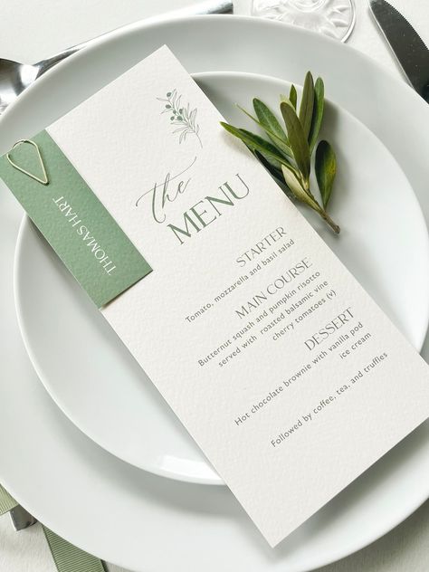 Wedding Dinner Menu Cards, Wedding Menu Cards Place Settings, Table Menu Ideas, Menu With Name, Menu Place Setting, Olive Green Wedding, Personalized Wedding Menu, Wedding Food Menu, Menu Table