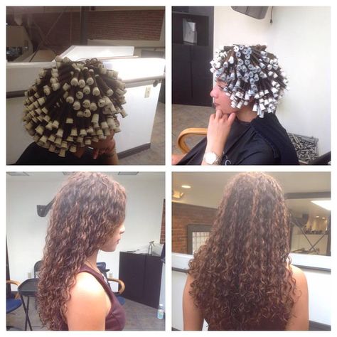 spiral perm wrap on gray and white rods with results Gray Perm Rods Curls, Long Spiral Permed Hair, Loose Spiral Perm Long Hair, Lose Spiral Perm, White And Larger Perm Rods Long Hair, Long Hair Perm, Spiral Perm, Grey Curly Hair, Curly Hair Problems