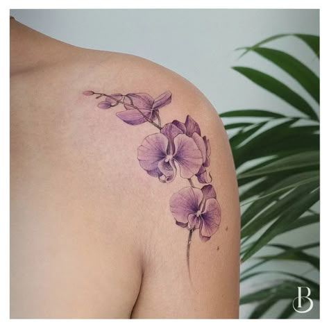 Orchid Tattoo Color, Butterfly And Flowers Tattoo, Watercolor Orchid Tattoo, Mum Tattoos, Purple Orchid Tattoo, Tattoos Pulseras, Orchid Tattoos, Colourful Tattoo, Sketchbook Flowers