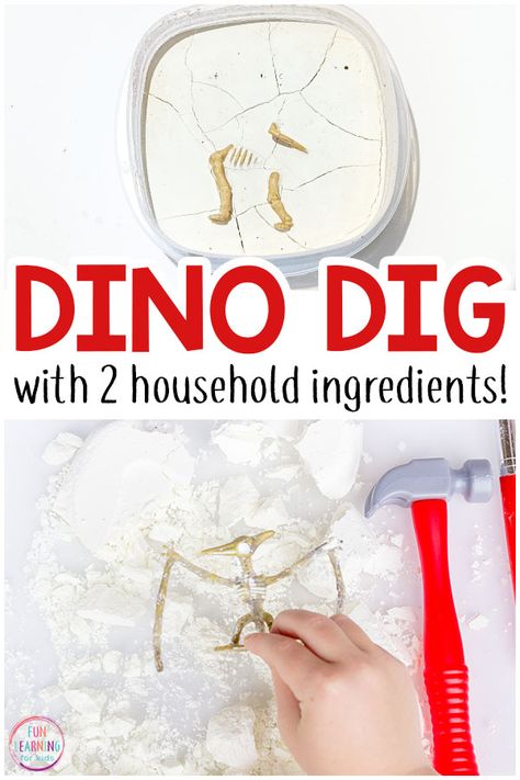 Dino Science Experiment, Dinosaur Large Motor Activities, Dino Fossil Craft, Dino Day Activities, Fossil Dig For Kids, Dinosaur Experiments For Kids, Fossils Activities For Kids, Dinosaur Digging Activity, Dinosaur Kids Activities