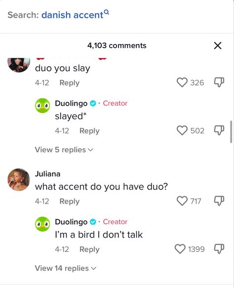 Duolingo Tiktok, Duolingo Threats, Duo Lingo, Duolingo Memes, Tiktok Comments, Green Chicken, Green Bird, Cool Websites, No Response