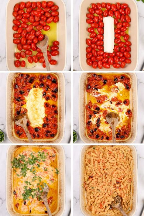 This Baked Goat Cheese Pasta recipe is a variation on the popular Viral recipe! Made with cherry tomatoes, garlic, olive oil, and basil, this creamy goat cheese pasta is the perfect family friendly dinner idea. Whether you're looking for an easy recipe or a comfort food pasta dish, this is one you'll come to again and again. Tomato Cheese Baked, Roasted Tomato Goat Cheese Pasta, Spaghetti With Goat Cheese, Cherry Tomato Baked Pasta, Goat Cheese Spaghetti, Goat Cheese Cherry Tomatoes Pasta, Goat Cheese Baked Pasta, Goat Cheese Pasta Bake, Goats Cheese Pasta