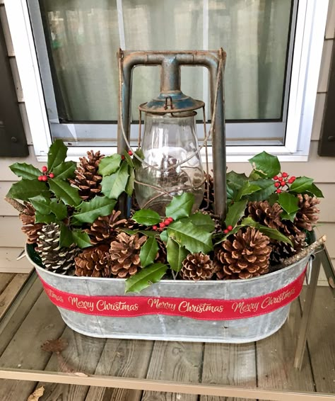 Christmas Galvanized Tub, Outdoor Christmas Planters Farmhouse, Ideas For Crocks Decorating, Galvanized Bucket Decor Christmas, Indoor Ladder Christmas Decor, Christmas Outdoor Decorations Porch Front Steps, Christmas Decorating With Lanterns, Christmas Deck Decorations, Metal Tin Bucket Ideas Christmas