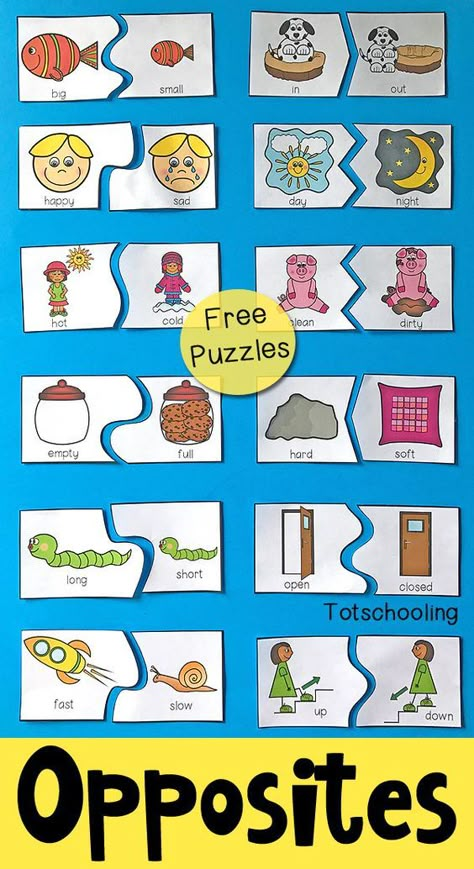 FREE printable puzzles to teach preschoolers about antonyms and opposites. Includes 12 self-correcting puzzles with visual cues to find the matching pair of antonyms. Opposites Preschool, Opposites Worksheet, Free Printable Puzzles, Printable Puzzles, Tot School, Free Preschool, Preschool Printables, Teaching Preschool, Tracing Worksheets