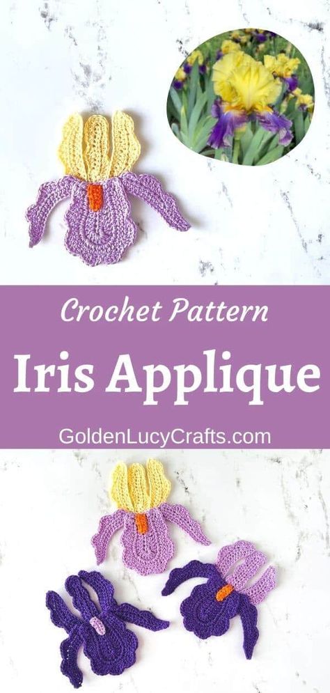 Crochet iris flower applique, crochet pattern free, crochet motif, embellishment. Crochet Iris Flower, Iris Crochet Pattern, Crochet Decals Applique Patterns, Crochet Iris Flower Pattern Free, Crochet Appliques Free Pattern, Crochet Applique Patterns Free Simple, Crochet Flower Applique Free Pattern, Crochet Flower Applique Pattern, Free Crochet Applique