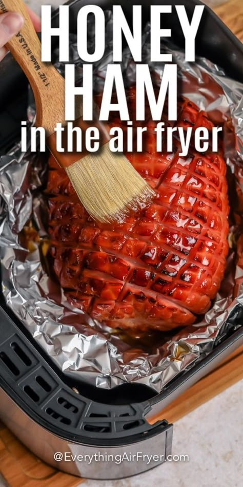 Nothing beats this simple and easy air fryer ham recipe. The family will love this juicy, tender, and sweet ham and the cook will love how quick it is to make. Leftovers are the perfect addition to sandwiches along with some cheese. Or serve some hot ham steak for breakfast alongside some eggs. #airfryerham #honeyglazedhamintheairfryer #hamintheairfryer #everythingairfryer Cooking Small Ham In Air Fryer, Pre Cooked Ham In Air Fryer, Ham In The Air Fryer, Ham Air Fryer Recipes, Gammon In Airfryer, Air Fryer Gammon, Air Fry Ham, Honey Roast Gammon, Steak For Breakfast