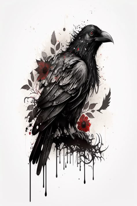 Creepy Raven Tattoo, Steampunk Raven Tattoo, Trash Polka Raven, Bae Tattoo, Raven Quotes, Monoprint Ideas, Raven Tattoos, Rose Vine Tattoos, Trash Polka Tattoos