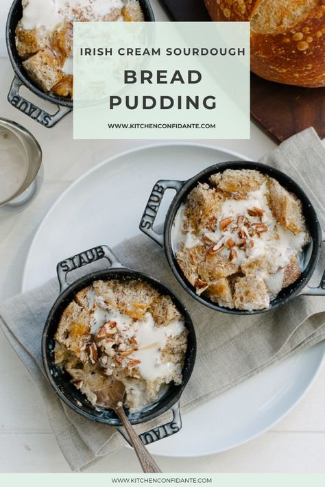 Celebrate St. Patrick’s Day with a recipe for Irish Cream Sourdough Bread Pudding. Dig through the layers and discover a decadent custard of Irish cream with cinnamon, vanilla, a touch of caramel, and an extra drizzle of Irish cream on top. Don’t forget your Irish coffee! #breadpudding #irishcreamsourdough #pudding | kitchenconfidante.com @kitchconfidante Sourdough Bread Pudding Recipe, Irish Bread Pudding, Sourdough Bread Pudding, Skillet Rolls, Breakfast Biscuit Recipe, Herbed Bread, Burlap Kitchen, Romantic Meals, Bread Pudding Recipe