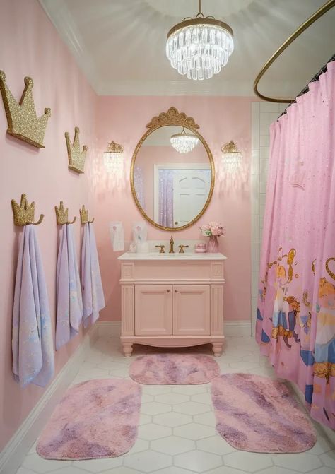 Fun Kids Bathroom Design Ideas: Ways to Spruce Up Your Kids' Bathroom 7 Princess Bathroom, Fun Kids Bathroom, Toddler Bathroom, Kids Bathroom Design, Girl Bathroom Decor, Bathroom Design Ideas, Girls Bathroom, Bathroom Inspo, Kids Bathroom