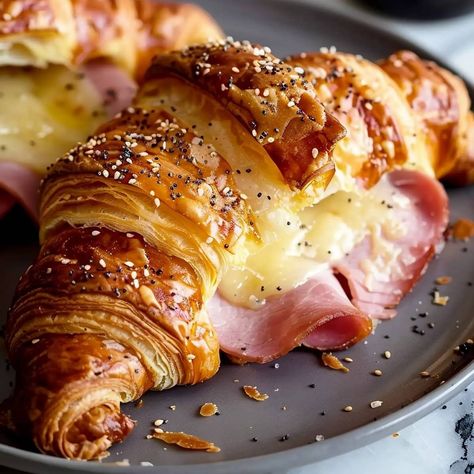 Ham and Cheese Croissant - Insanely Good Croissant Breakfast Sandwiches, Ham And Cheese Croissants, Garden Breakfast, Savory Ham, Ham And Cheese Croissant, Honey Mustard Glaze, Cheese Croissant, Croissant Breakfast, Hot Cheese