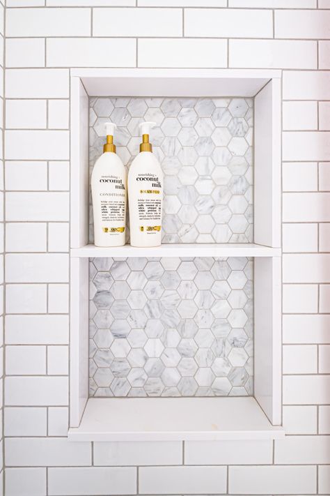 Bathtub Niche Placement, Shower Niche Placement, Shower Niche Tile Ideas, White Subway Tile Shower, Shower Alcove, Tile Shower Niche, Gross Things, White Tile Shower, Bathroom Niche