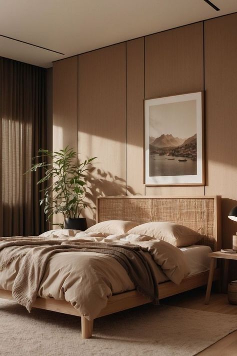 Embrace minimalism, choose calming colors, focus on comfort, create relaxation zones, and incorporate nature. Japandi Boho Bedroom, Japandi Bedroom Decor, Beige Rooms, Simple Wooden Furniture, Cozy Japandi, Bedroom Japandi, Japandi Style Bedroom, Woven Headboard, Urban Home Design