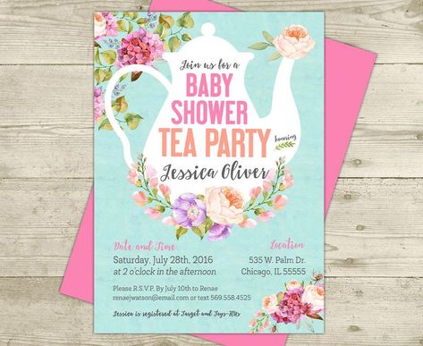 High Tea Invitations, Baby Shower Afternoon Tea, Tea Party Baby Shower Invitations, Baby Shower Tea Party, Pink Tea Party, Online Card, Baby Shower Tea, Tea Party Invitations, Girls Tea Party