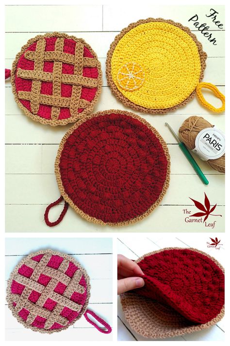 Pie Pot Holder Crochet Pattern Crochet Pie Free Pattern, Crochet Cookies, Crochet Pot Holders Free Pattern, Thanksgiving Crochet, Crochet Potholder Patterns, Crochet Hot Pads, Potholder Patterns, Crochet Potholders, Crochet Food