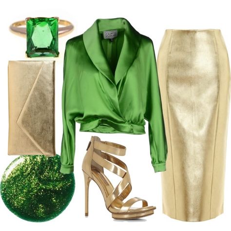 "Green & Gold" by leslie-ann-reyes on Polyvore Green And Gold Outfits For Women, Green And Gold Outfit, Army Green Outfit, Royal Green, Diva Style, Gold Outfit, Colour Blocking, Gold And Green, Green Outfit