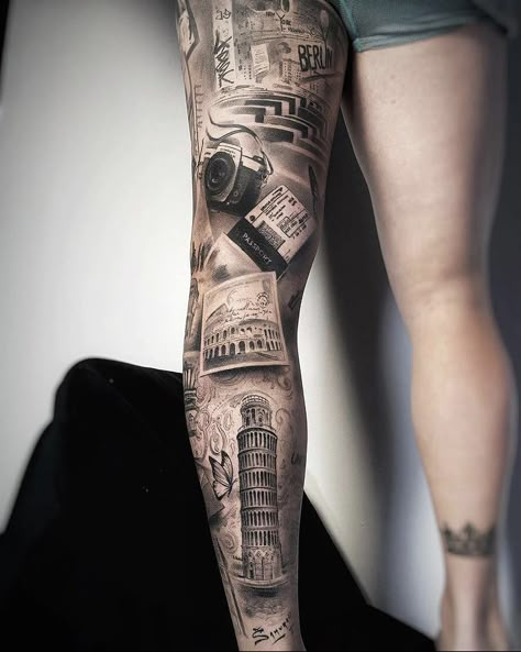 Travel Tattoo Leg Sleeve, 7 Wonders Tattoo, Travel Arm Tattoo, News Paper Tattoo, Germany Tattoo Ideas, Europe Tattoo Ideas, Photographer Tattoo Ideas, Travel Tattoo Sleeve, Women Leg Tattoos