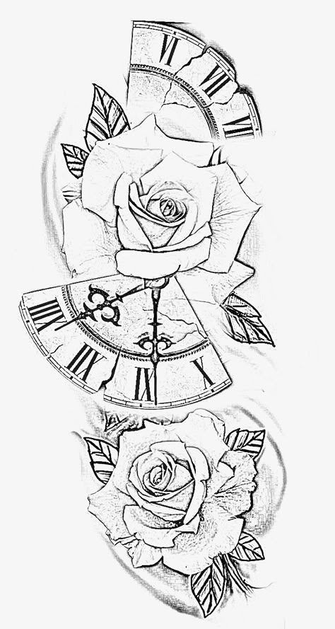 Clock Tattoo Sleeve, Clock And Rose Tattoo, Tattoo Style Art, Rose Drawing Tattoo, Small Chest Tattoos, Half Sleeve Tattoos Drawings, Lion Tattoo Sleeves, Tattoo Lettering Design, Family Tattoo Designs