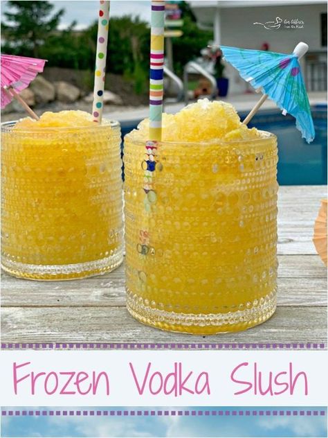 FROZEN VODKA SLUSH Citrus flavored, large batch,  frozen vodka slush – easy to make and delicious to sip in the summertime or anytime! Keep a container in your freezer for when you want to feel like you are somewhere tropical! #vodkaslush #frozencocktails #vodkacocktails #frozendrinks Vodka Slush Recipe, Slushy Alcohol Drinks, Alcoholic Slush Recipes, Alcoholic Slush, Vodka Slushies, Lemonade Slush, Vodka Slush, Frozen Drinks Alcohol, Slushy Drinks