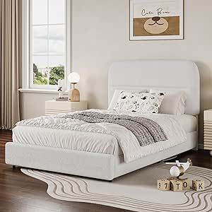 HOMBCK Twin Bed Frame, Boucle Twin Bed Frame with Headboard, White Twin Bed with Thickened Footboard, Twin Bed Frames for Girls, Rounded Corners, No Box Spring Needed, Easy Assembly, White Boucle Bed Frame, White Twin Bed, Items For Room, White Bed Frames, Girls Twin Bed, Twin Xl Bed Frame, Watching Tv In Bed, Boucle Bed, Twin Bed Frames