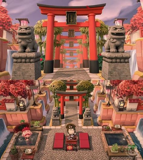 Acnh Island Designs Japanese City, Japanese Themed Acnh Island, Japanese Themed Island Animal Crossing, Asian Animal Crossing, Acnh Imperial Designs, Acnh Onsen Design, Acnh Japanese Festival Area, Japanese Theme Acnh, Acnh China Town