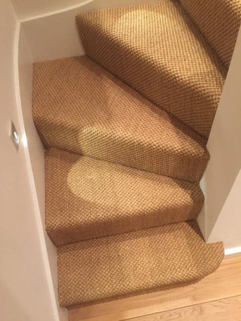 Sisal Carpet to Stairs in Private Residence Sisal Stair Carpet, Patterned Stair Carpet, Cottage Stairs, Carpet Staircase, Front Hallway, Basement Carpet, Flooring For Stairs, Sisal Carpet, Entry Stairs