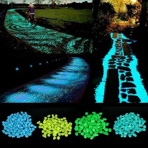 These glowing rocks absorb and store energy from sunlight and other light sources,light up in dark environments. These glowing pebbles can glow for up to 1 to 2 hours in darkness after a full day in the sun. Glow In The Dark Garden, Pebbles Garden, Glowing Rocks, California Landscaping, Glow Garden, Garden Pebbles, Glow Rock, Pavers Diy, Bird Fountain