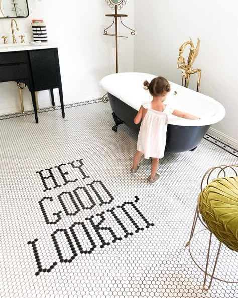 Let’s Be Real: We Love These 8 Interior Design Trends Now, but They Probably Won’t Age Well | Hunker Penny Tiles Bathroom, Penny Tile Floors, Black Tub, Penny Tile, Bathroom Floor Tiles, Natural Home Decor, Be Real, Cheap Decor, Cheap Home Decor